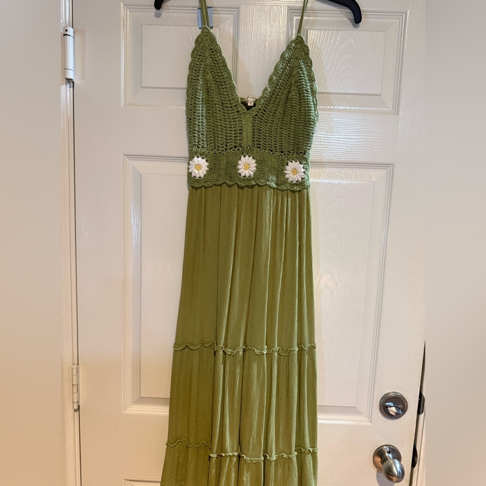 indulge Olive Green Crochet Bodice Maxi Dress with Daisy Trim